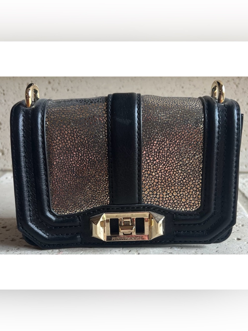 Rebecca Minkoff Mini Love crossbody bag black and gold leather